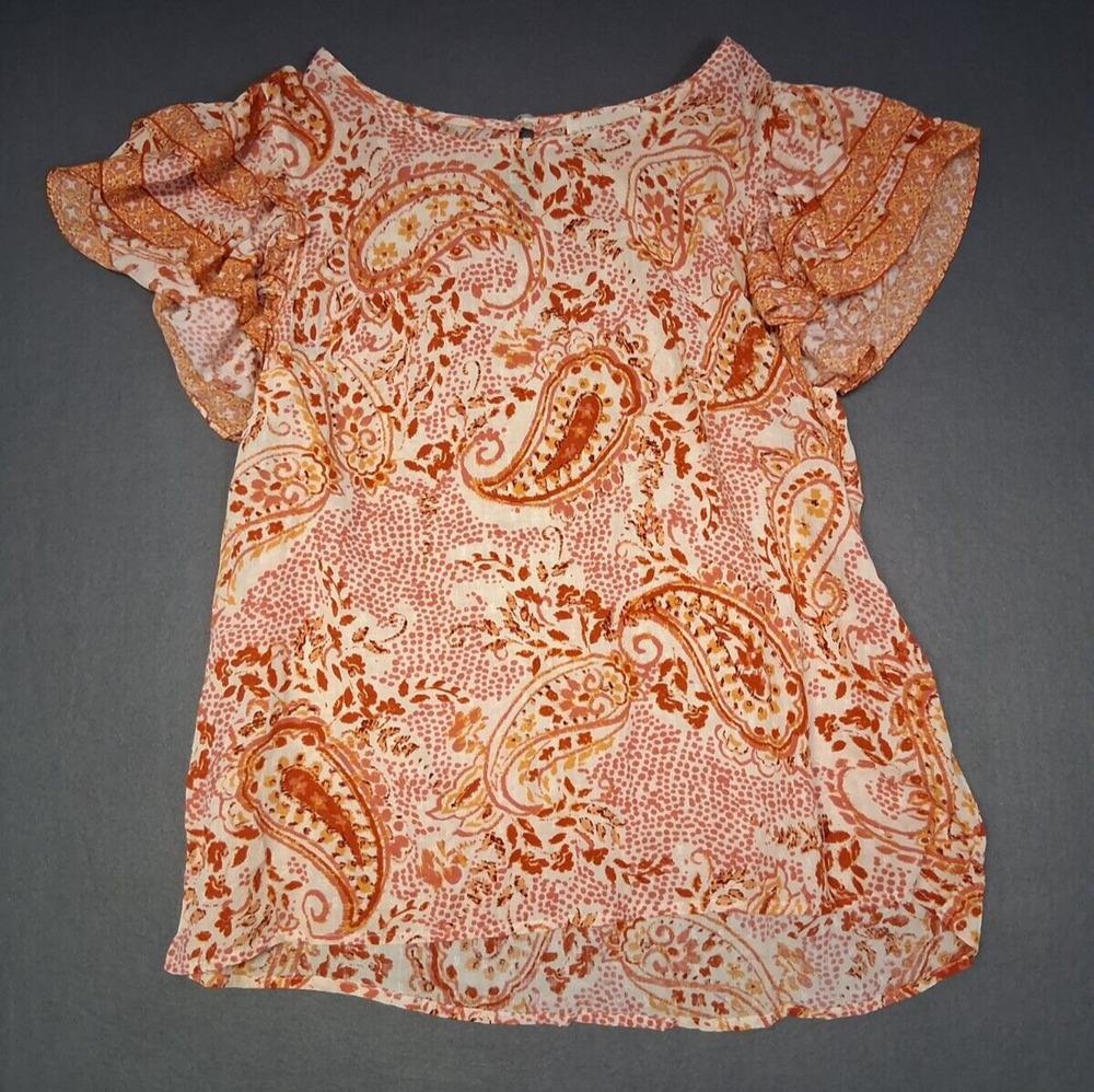 Cynthia Rowley Ruffle Sleeve Blouse Lightweight Stretch Paisley Orange Size L